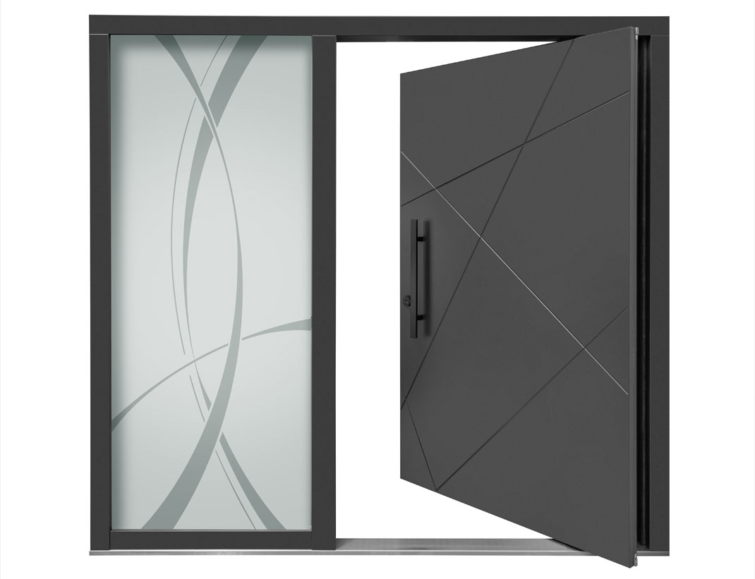 Pivothaustüren mit feinen Profilierungen (Design nach Kundenwunsch passend zum Designglas)